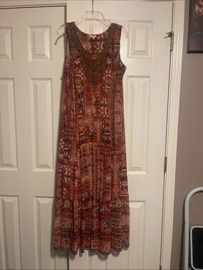 Reba Rust Multiprint Beaded Sleeveless Maxi Dress